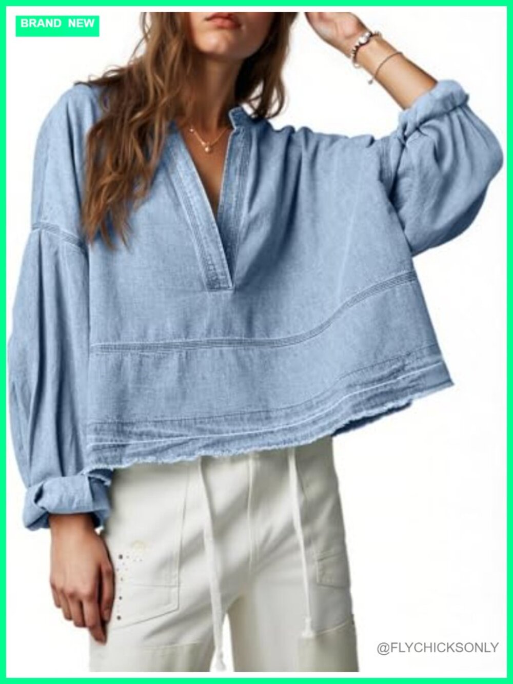 Womens Denim Top Puff Long Sleeve V Neck Jean Shirt Casual